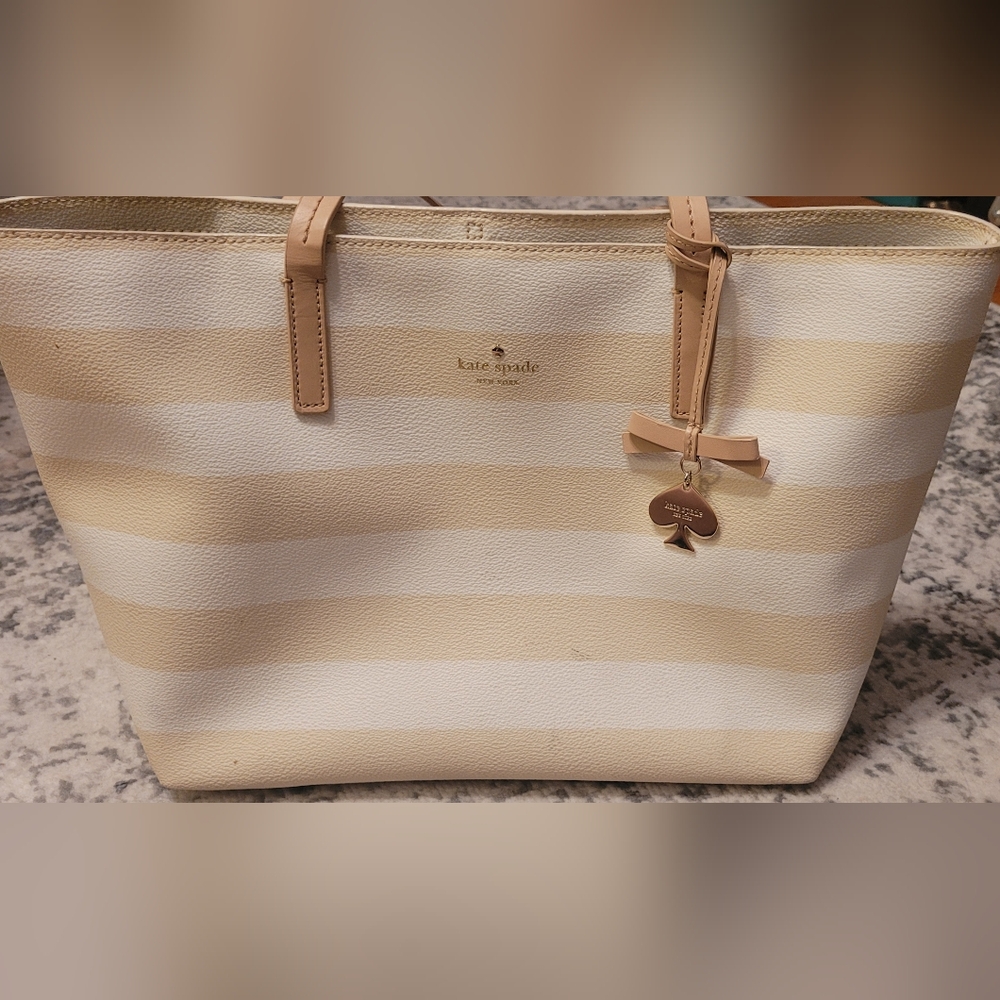 Spade New York Hawthorne Beige White Stripe Top Handle Zipper Tote Bag